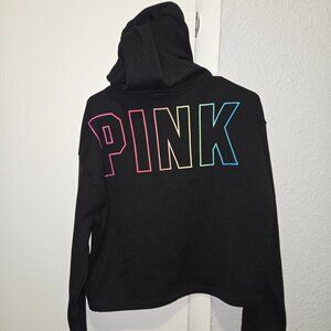 Victoria's Secret PINK Black Cropped Hoodie Rainbow Lettering Size L Athleisure